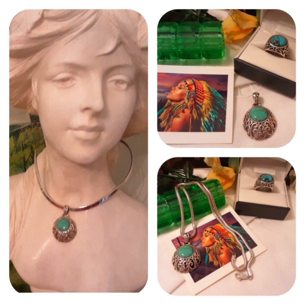 VINTAGE 925 SOLID STERLING SILVER TURQUOISE RING AND PENDANT